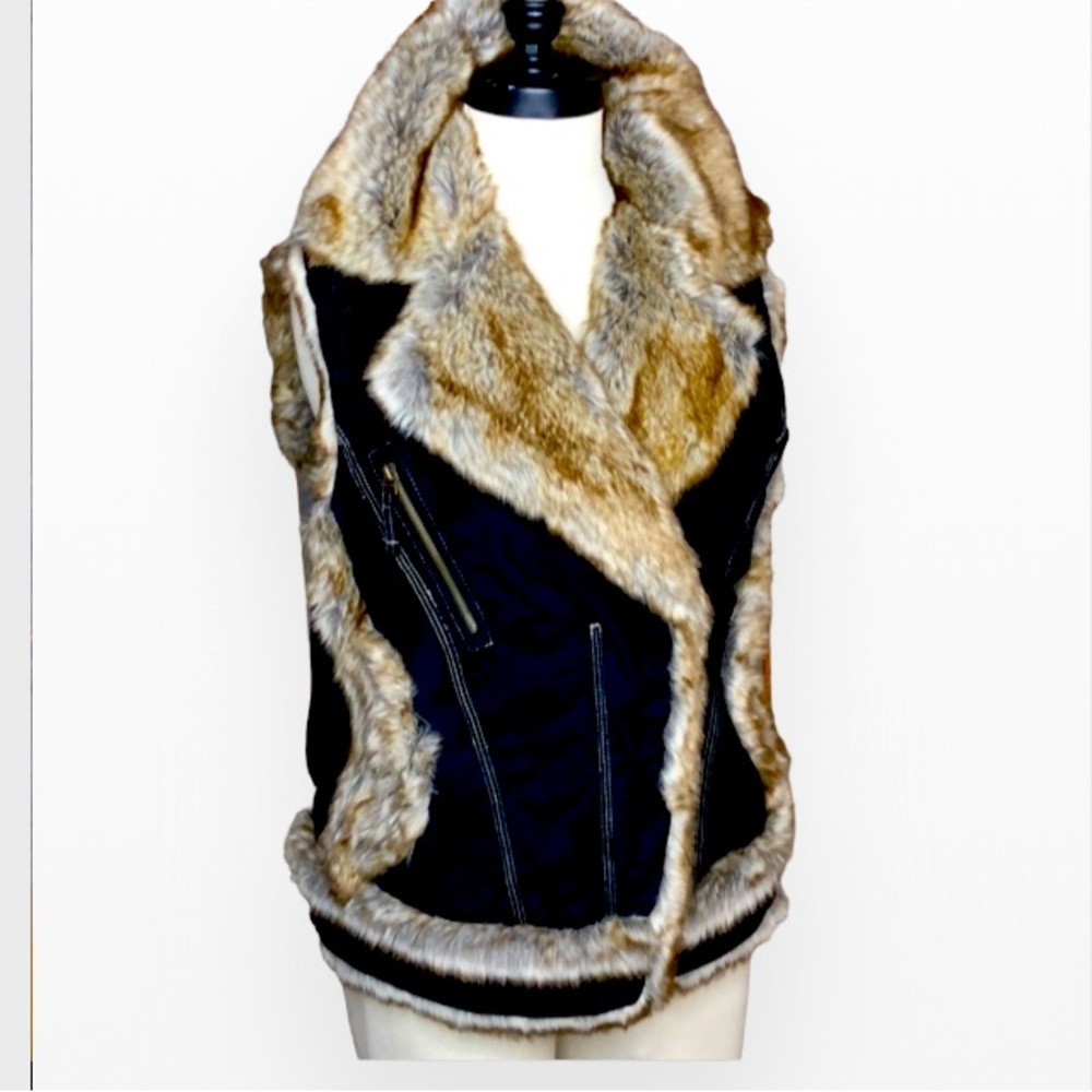 Desigual Black Vest with Tan Faux Fur Trim